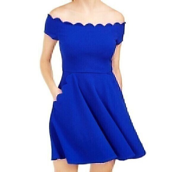 NEW NWT B. DARLIN Off the Shoulder Scalloped Dress Blue Fit Flare Mini JRS 9 10 - Picture 1 of 12